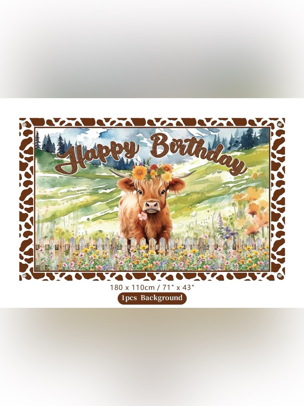 Happy Birthday Floral Cow Party Backdrop - Brown